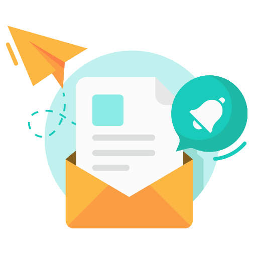envelope with letter popping out. Paper airplane is also flying out and bell icon.