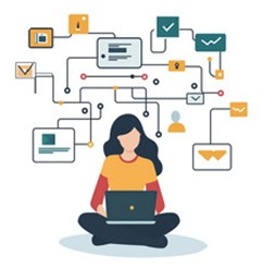 Illustration of a woman sitting using laptop. 