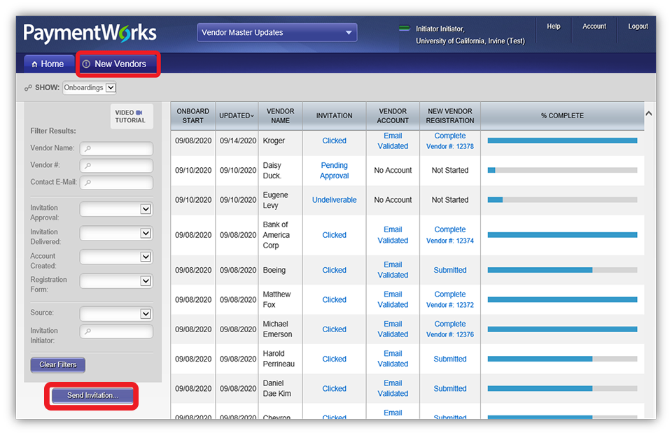 PaymentWorks Vendor Dashboard screen
