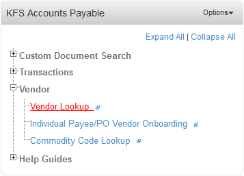 KFS Accounts Payable Portlet. The Vendor Lookup link is highlighted.