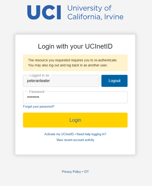 UCI single sign-on screen
