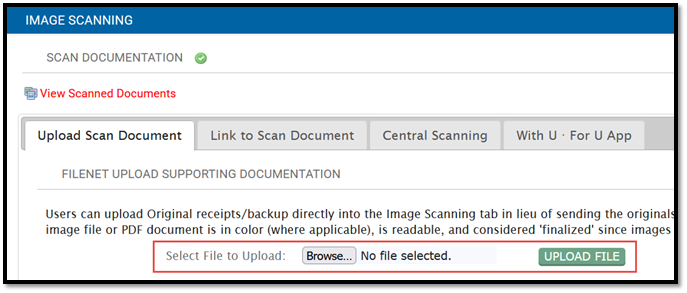 Image scanning tab with file upload button highlighted