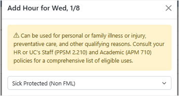 screenshot showing adding hours in trs for sick protected (Non-FML)