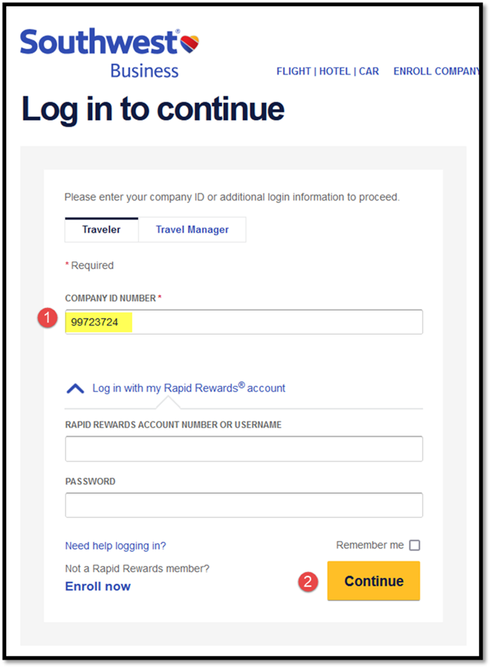 Southwest Login Box