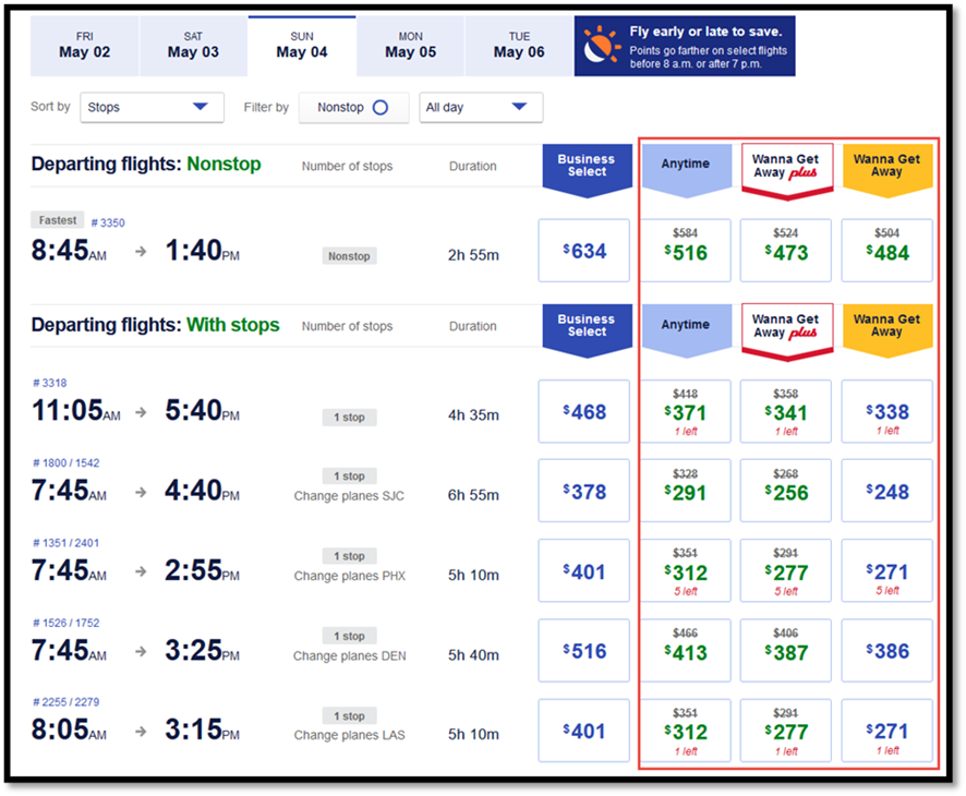 Flight selection on Southwest
