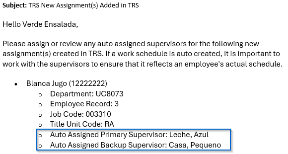 TRS email with supervisors auto populated