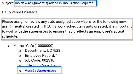 TRS email with assign supervisors link