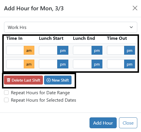 Screenshot showing shift related buttons and fields