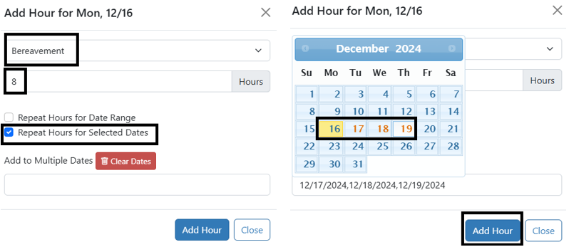Menu selections for repeating hours across selected dates