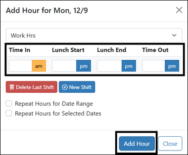 Time in, lunch start, lunch end, time out line is highlighted