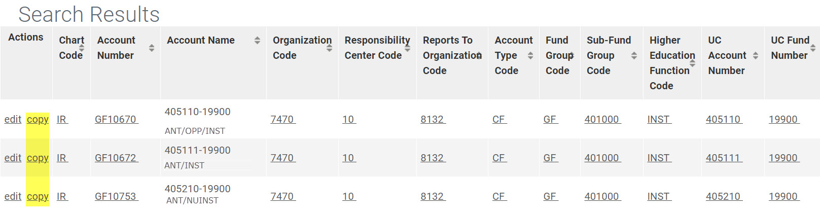 Account lookup results with the copy link highlighted in the Actions column.