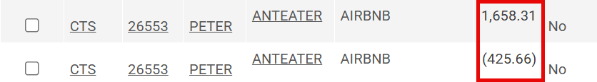 CTS lookup highlighting an expense for $1,658.31 and a credit for $425.66.