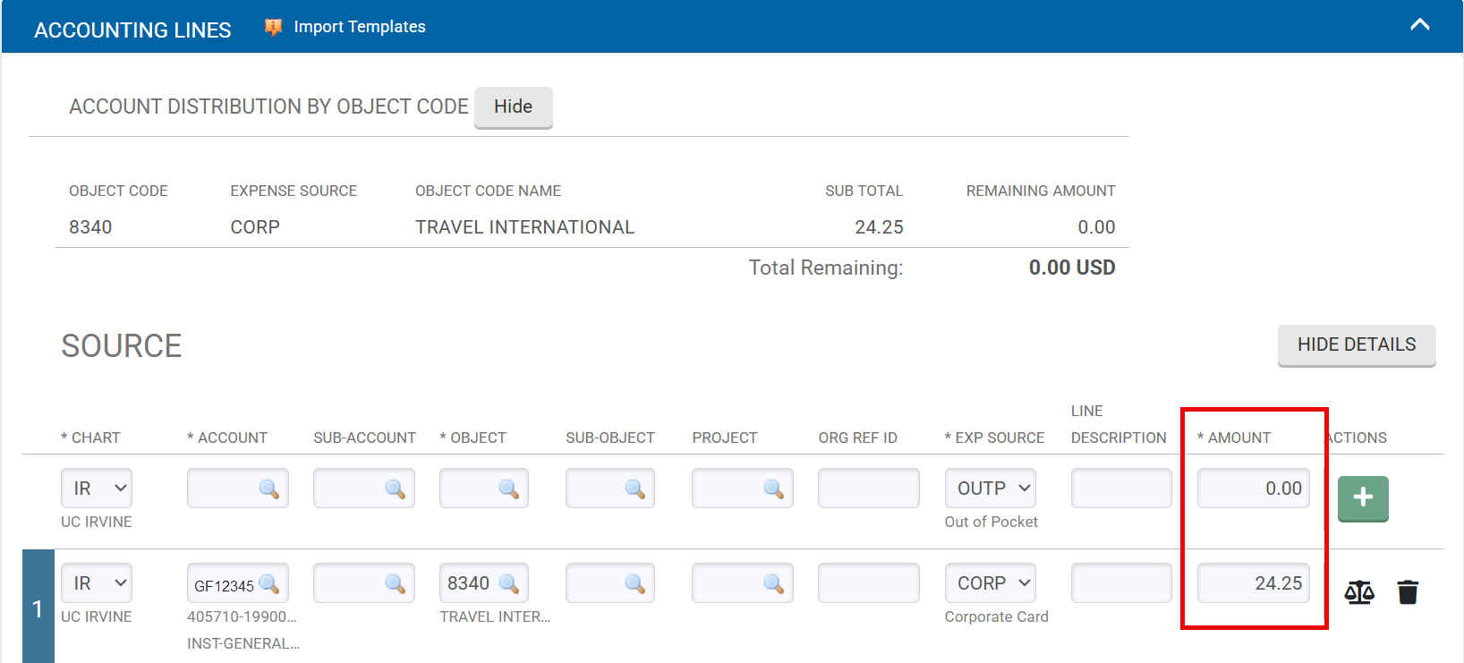 Accounting line showing Expense Source "CORP" is selected, 24.25 has been entered into the amount field, and the add button has been selected.