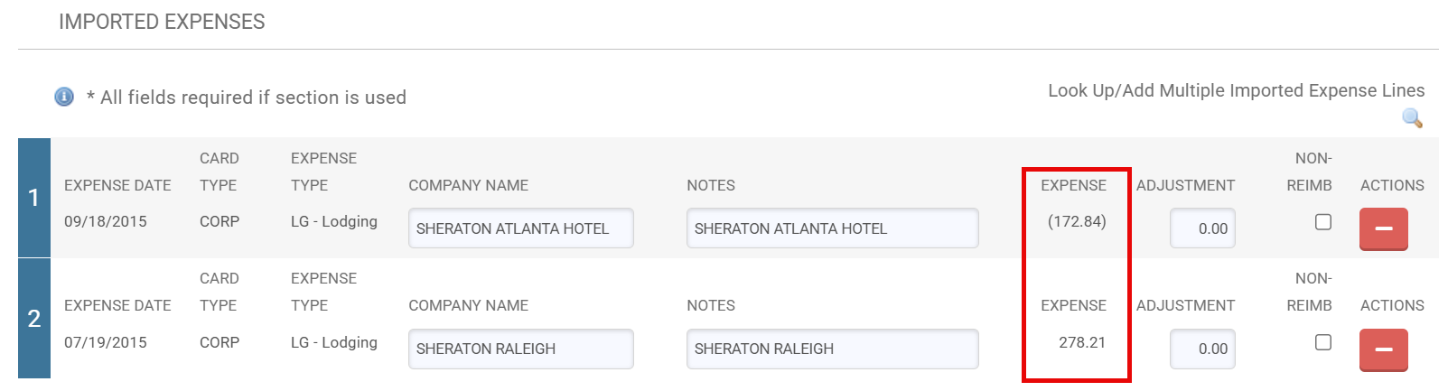Actual Expenses tab highlighting a a credit of $172.84, and an expense of $278.21.