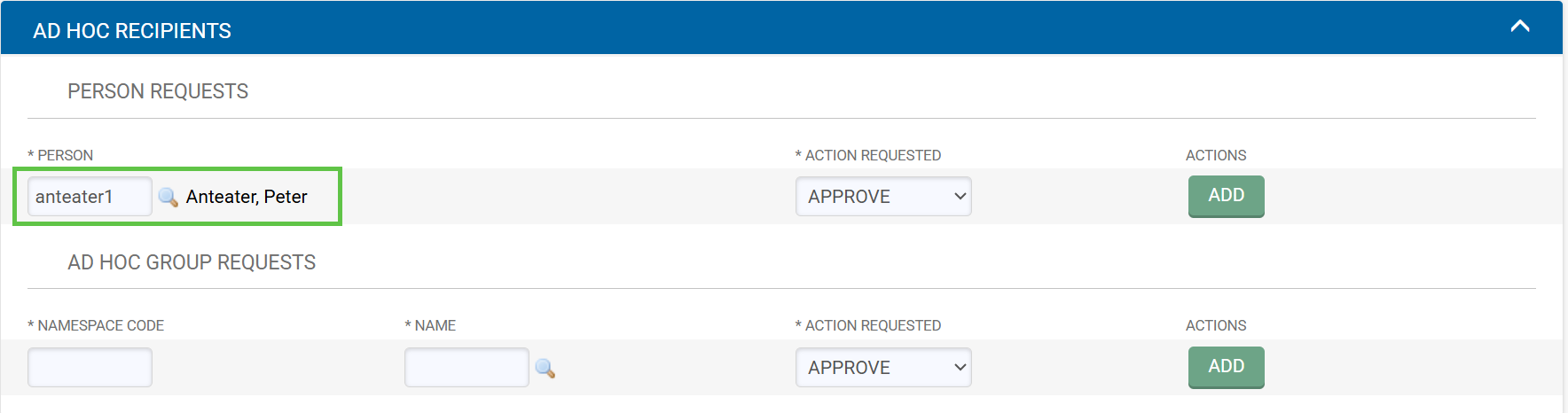 KFS Ad Hoc Recipients tab showing the Person field with 'anteater1' entered and 'Peter Anteater' populated alongside the magnifying glass lookup icon