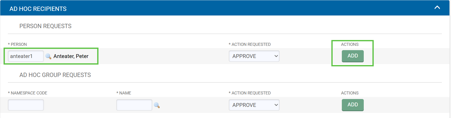 Ad Hoc Recipients tab with the Person field populated with a selected employee and the Add button highlighted to finalize adding them to the document routing
