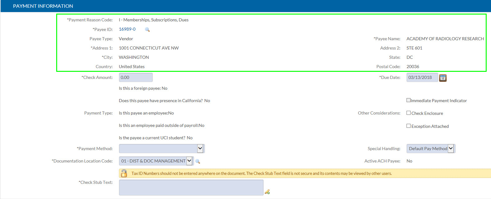 payee populated