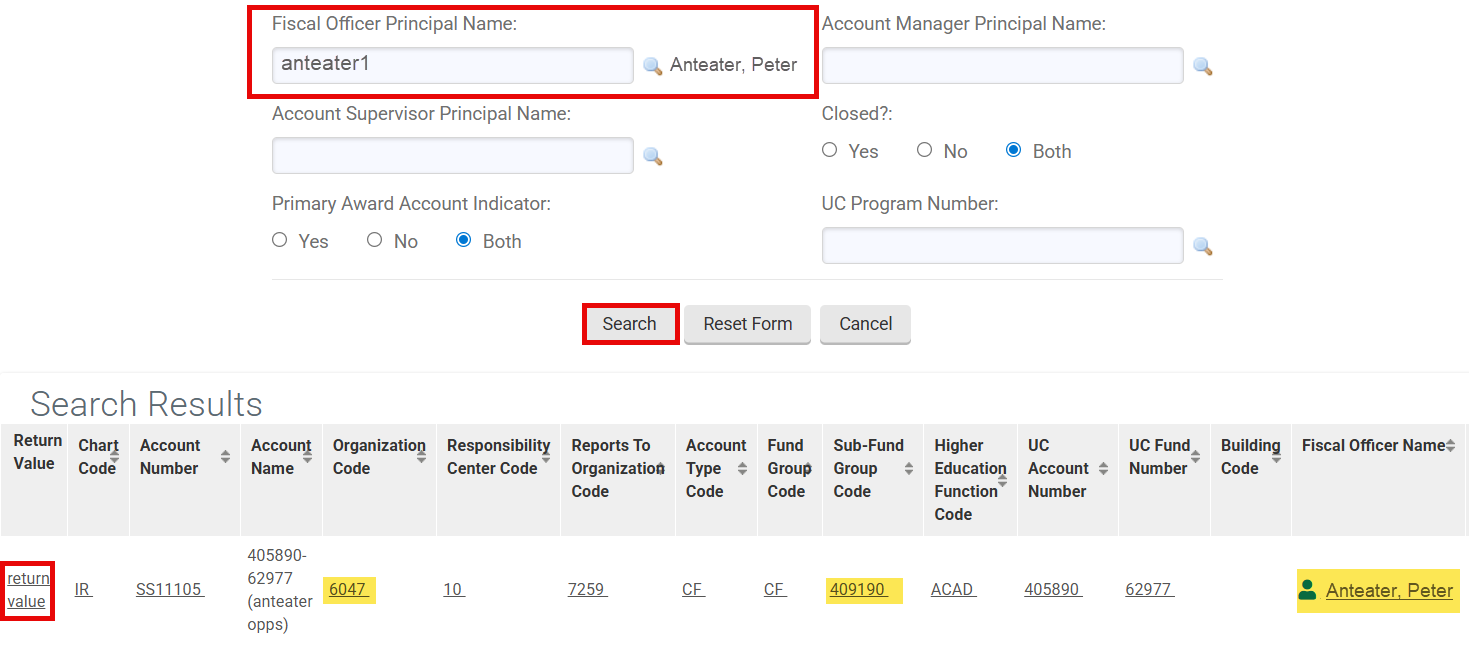 KFS Account Lookup results table with the Return Value link highlighted next to an account row
