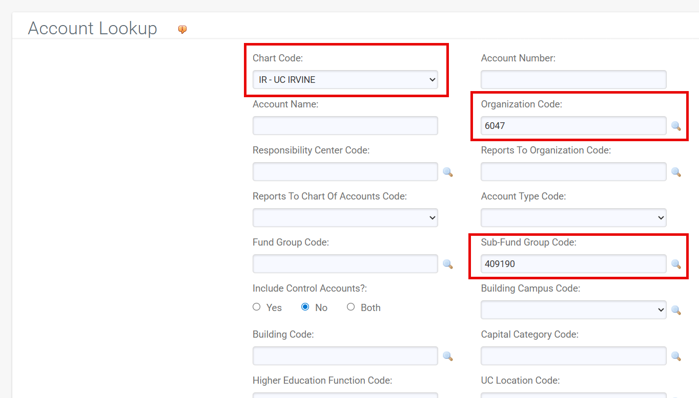 KFS Account Lookup results showing accounts returned after searching by Sub-Fund Group Code and Organization Code criteria