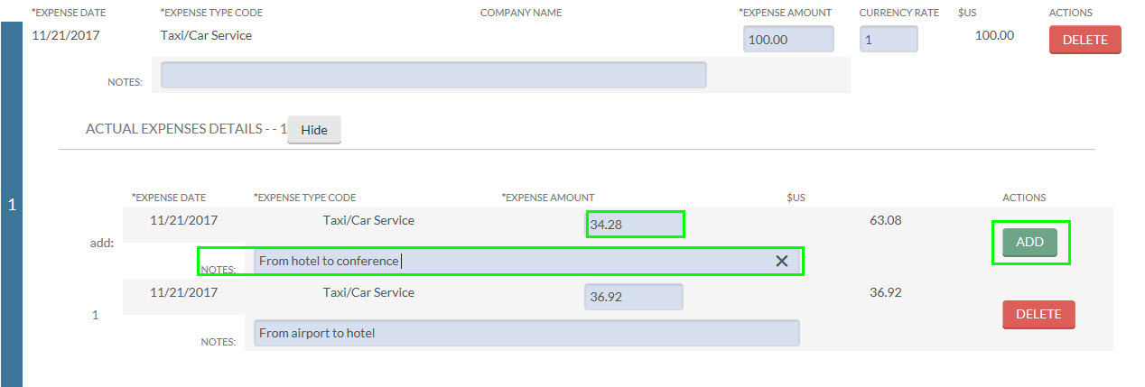 note field, expense field, and add button are highlighted