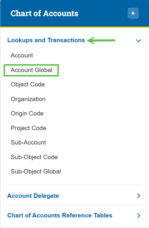 Chart of Accounts section of the Zot portal with the Lookups and Transactions section expanded and Account Global highlighted.