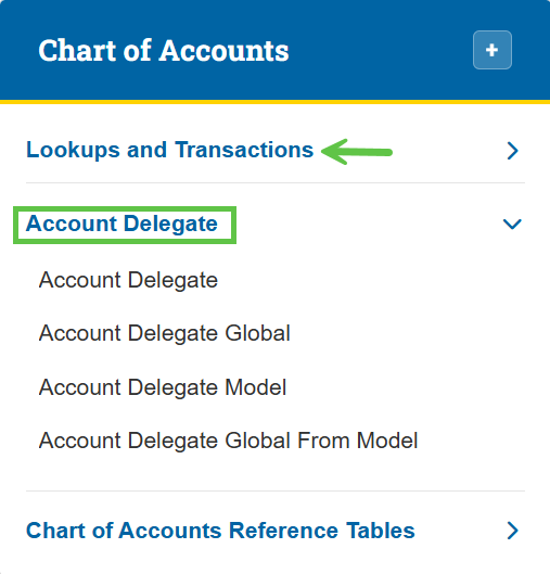 Zot Portal Chart of Accounts – Account Delegate eDoc highlighted.