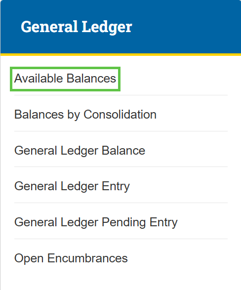 Zot Portal General Ledger section with Available Balances highlighted.