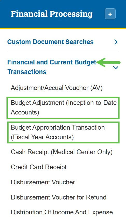 Zot Portal Financial Processing. Budget Adjustment and Appropriation highlighted