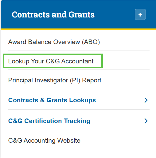 Contracts and Grants Lookup Your C and G Accountant highlighted.