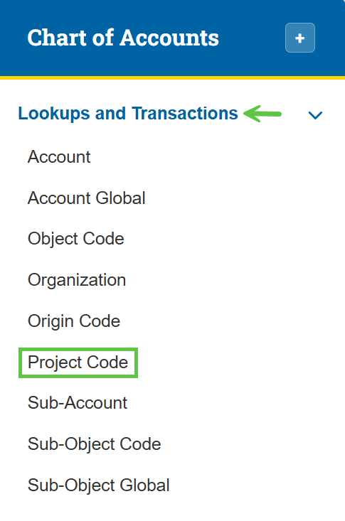 Chart of Accounts: Lookups and Transactions and Project Code eDoc