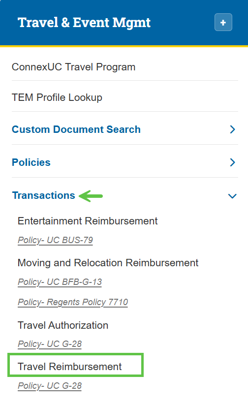 Zot Portal Travel & Event Mgmt – Transactions menu expanded with Travel Reimbursement highlighted.
