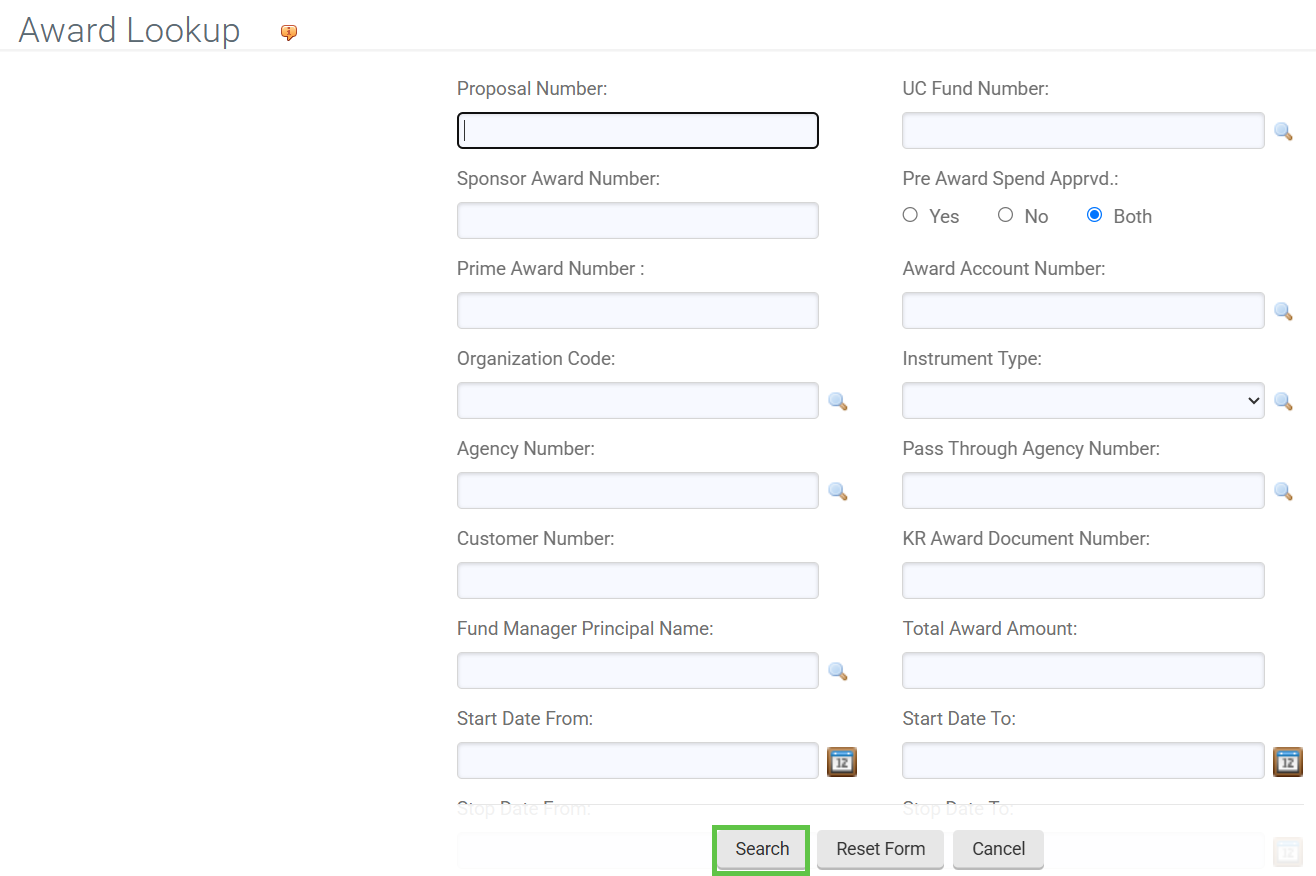 Award lookup with the search button highlighted.