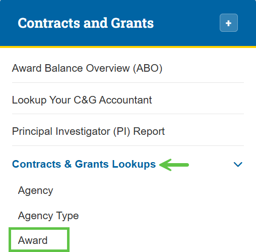 Contracts and Grants, Contracts and Grants Lookups, Award highlighted.