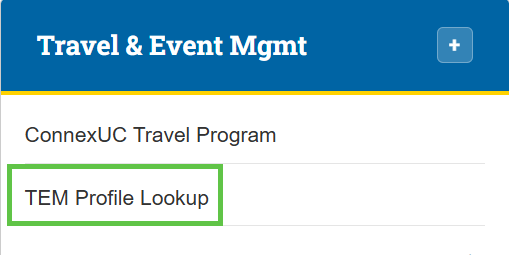 Travel and Event Mgmt section with TEM Profile Lookup highlighted.