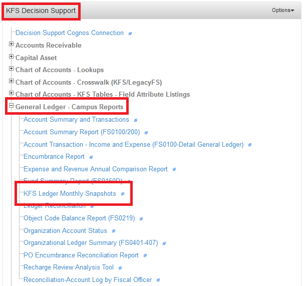 Location of the Monthly KFS Ledger Snapshot Reports link in the Decision Support tab; go to campus reports and look for the KFS Ledger Monthly Snapshots link